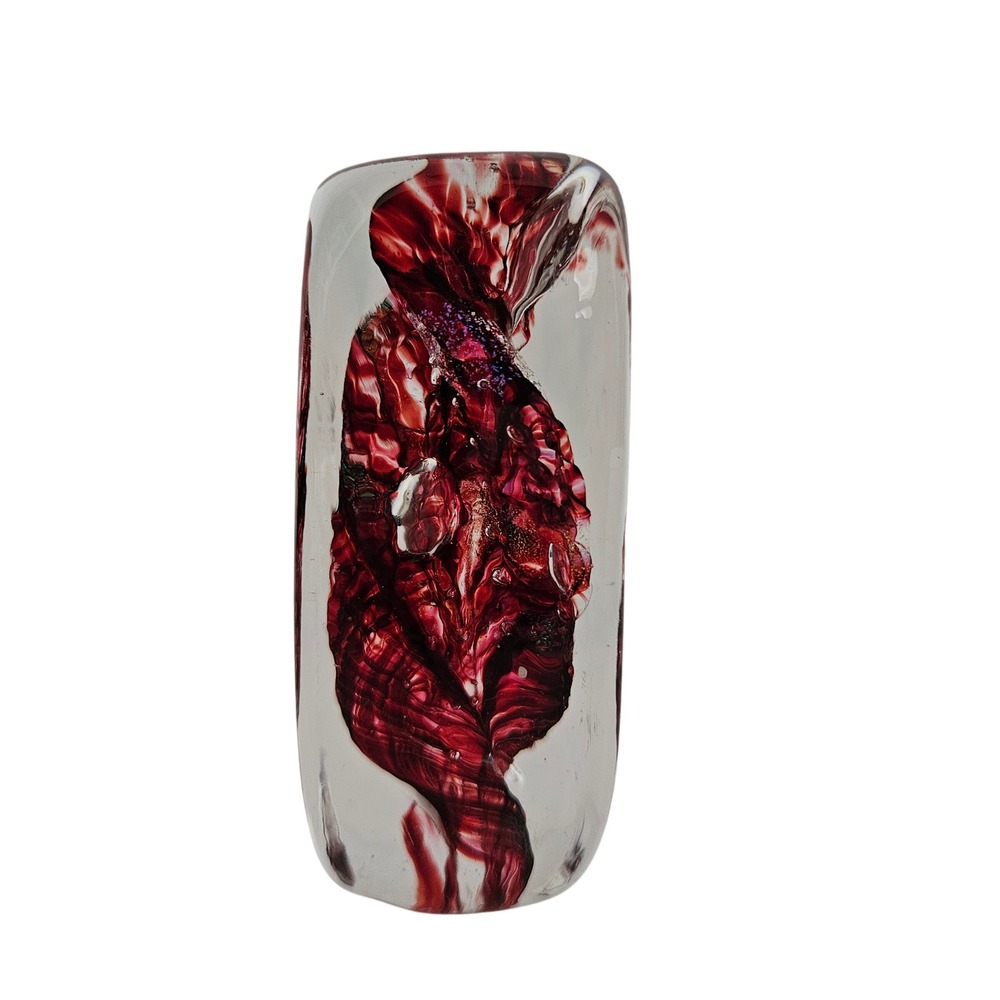 Signed Studio Art Glass Paperweight Rectangle Red Swirl Ribbon & Bubbles 4"